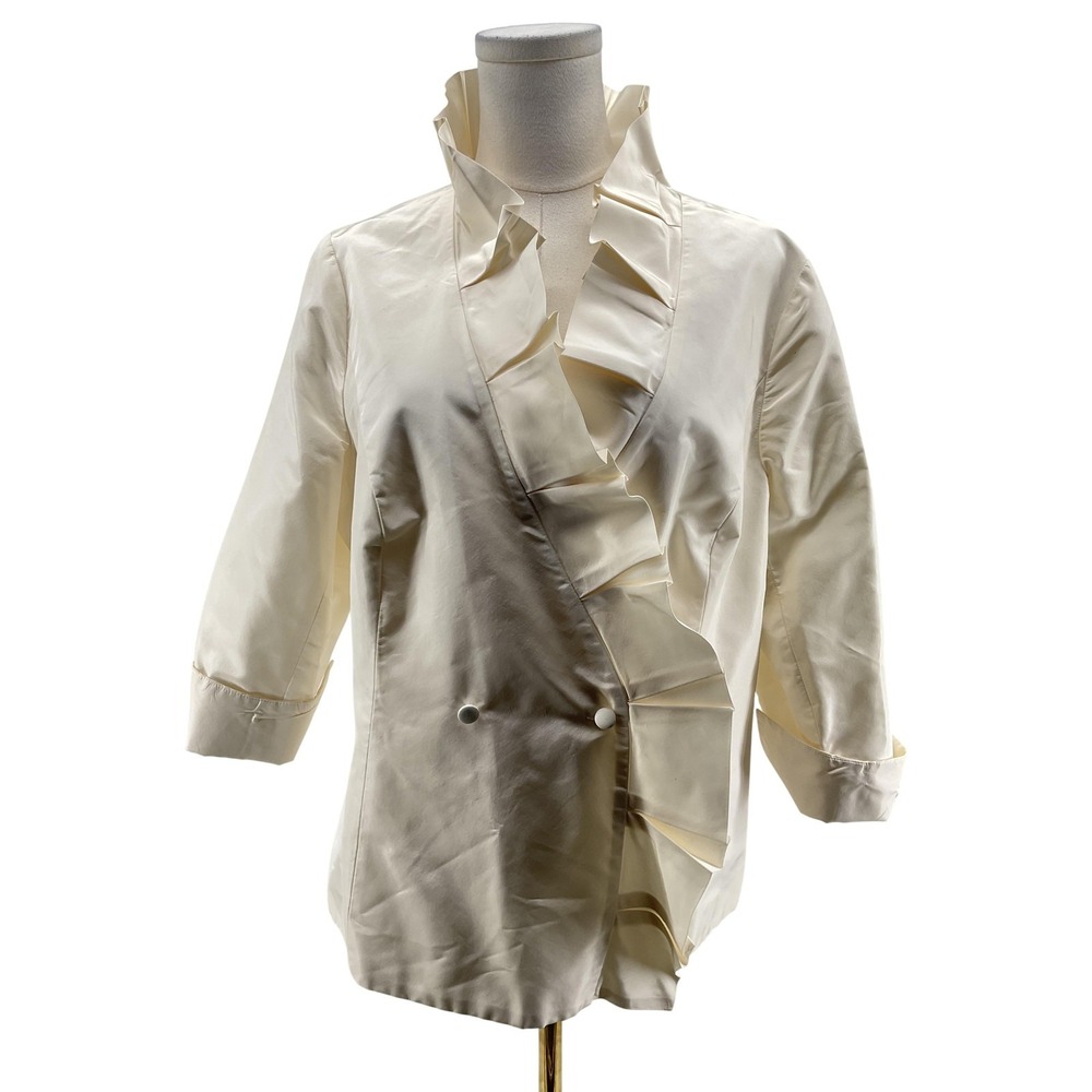 Rickie Freeman Teri‎ Jon Blouse Womens 14 White Silk Ruffle 3/4 Sleeve Lined